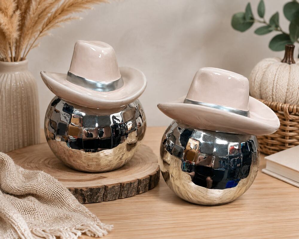 Pink Cowboy Hat Ceramic Canister Jar Set of 2 Western Cowgirl Chrome Decor